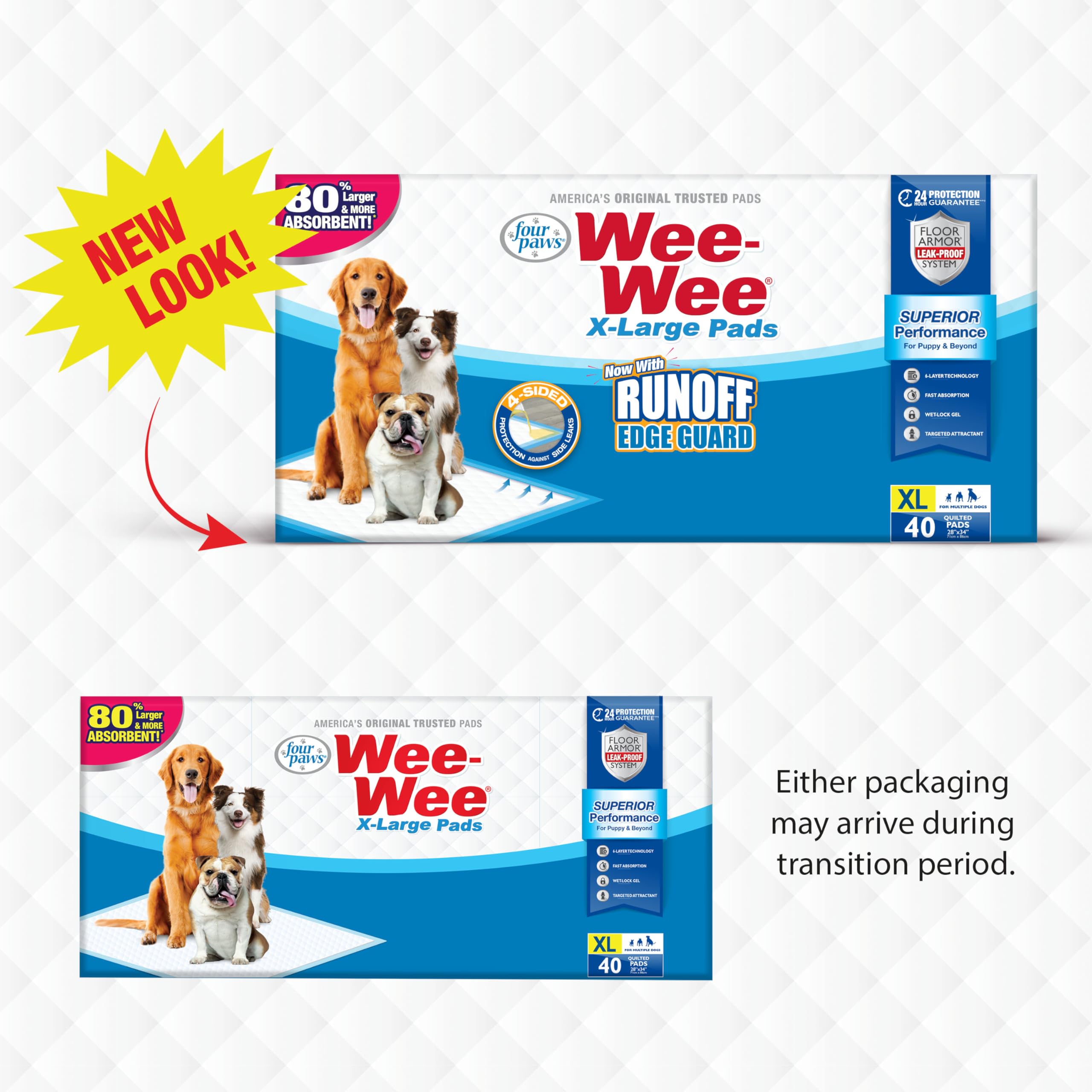 XL Wee-Wee pad measures 28 by 34 inches for large dogs