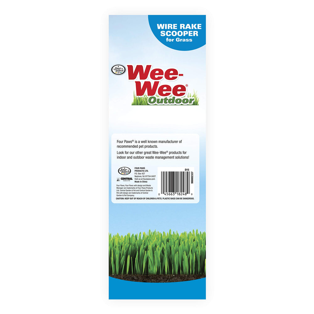 Four Paws wire rake dog scooper shown for grassy and sandy surfaces.