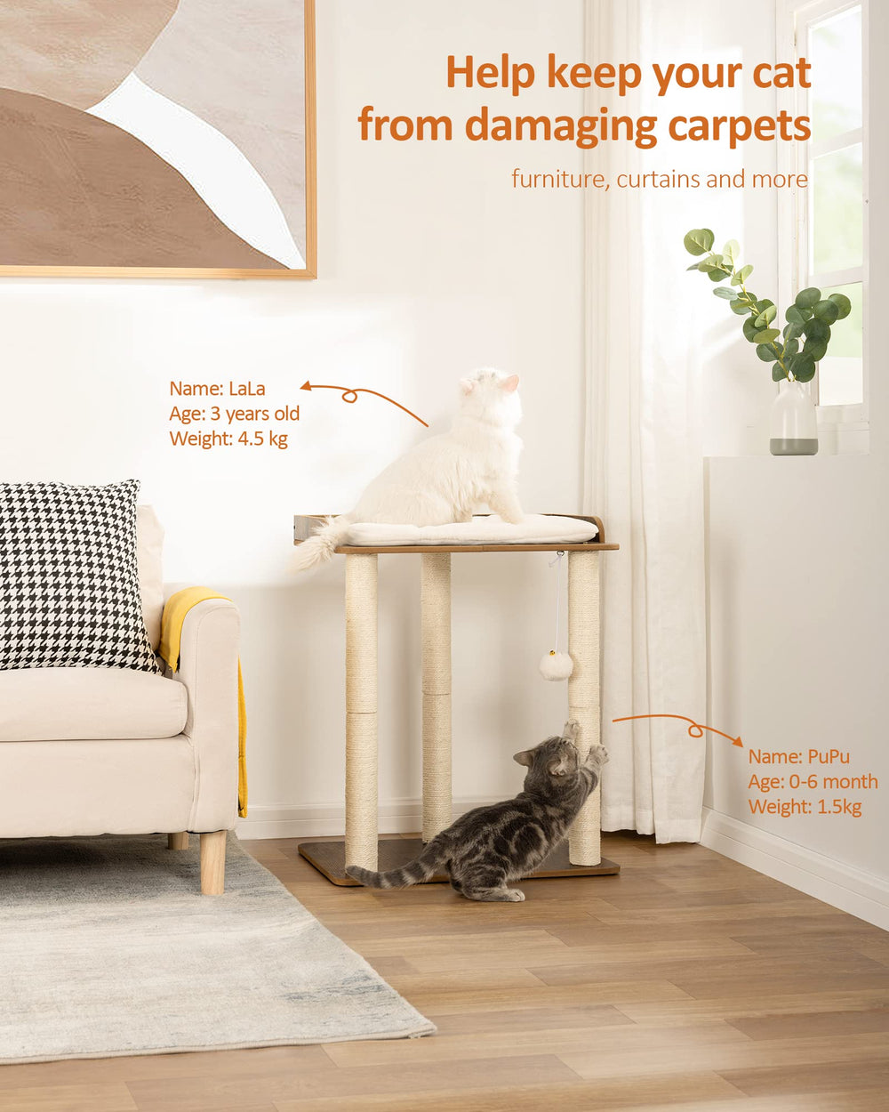 FourFurPets 26.7in cat tree platform with resting cat highlights ample space for naps