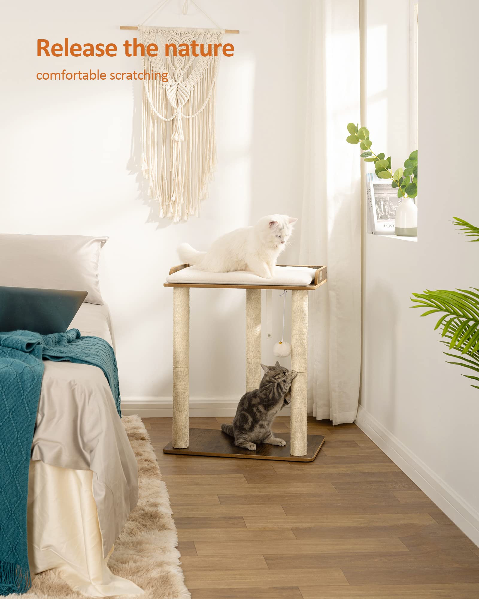 FourFurPets 26.7in cat tree sisal posts close-up shows satisfying scratching area