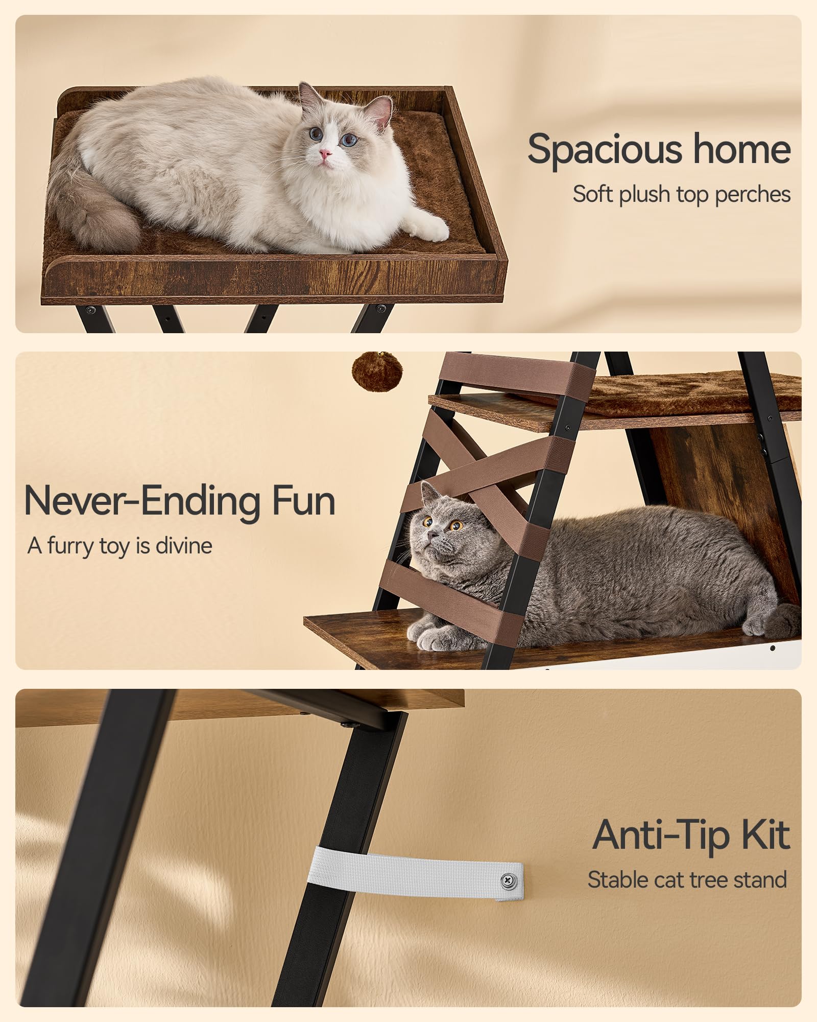 FourFurPets cat tower plush cushions offer soft, cozy naps for cats.