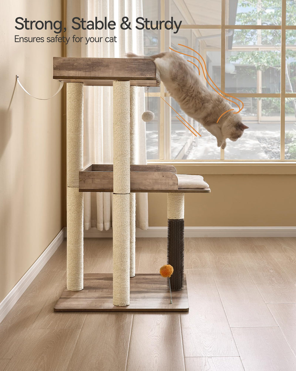 FourFurPets cat tree features anti-tip base and pads for stable, wobble-free climbing