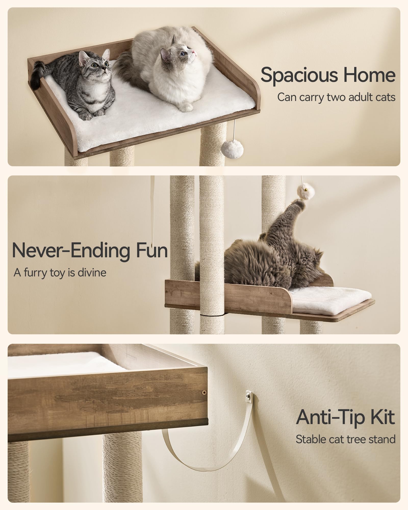 FourFurPets cat tower includes fluffy pom-poms for playful companionship