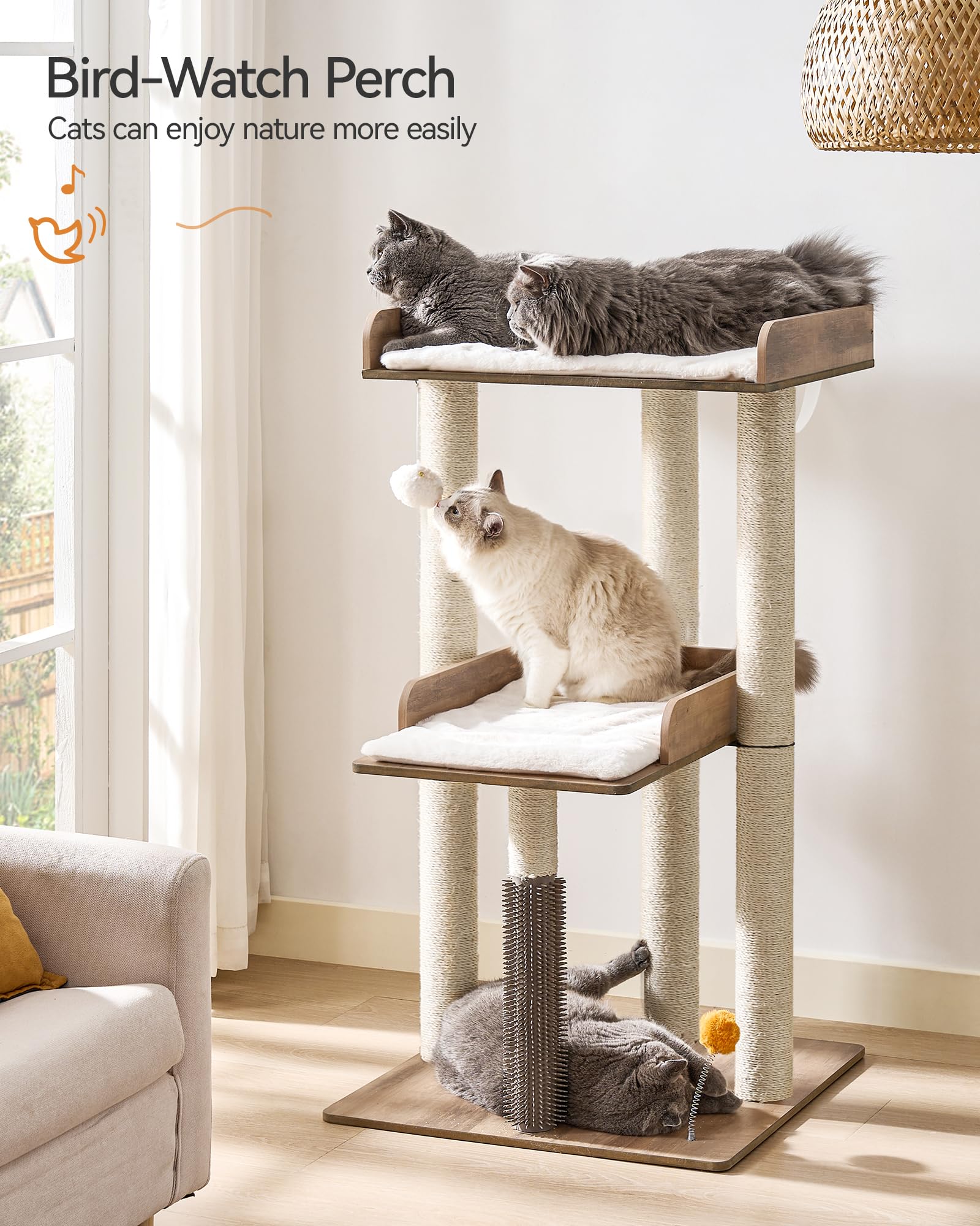 FourFurPets cat tree with three long scratching posts for active clawing and climbing