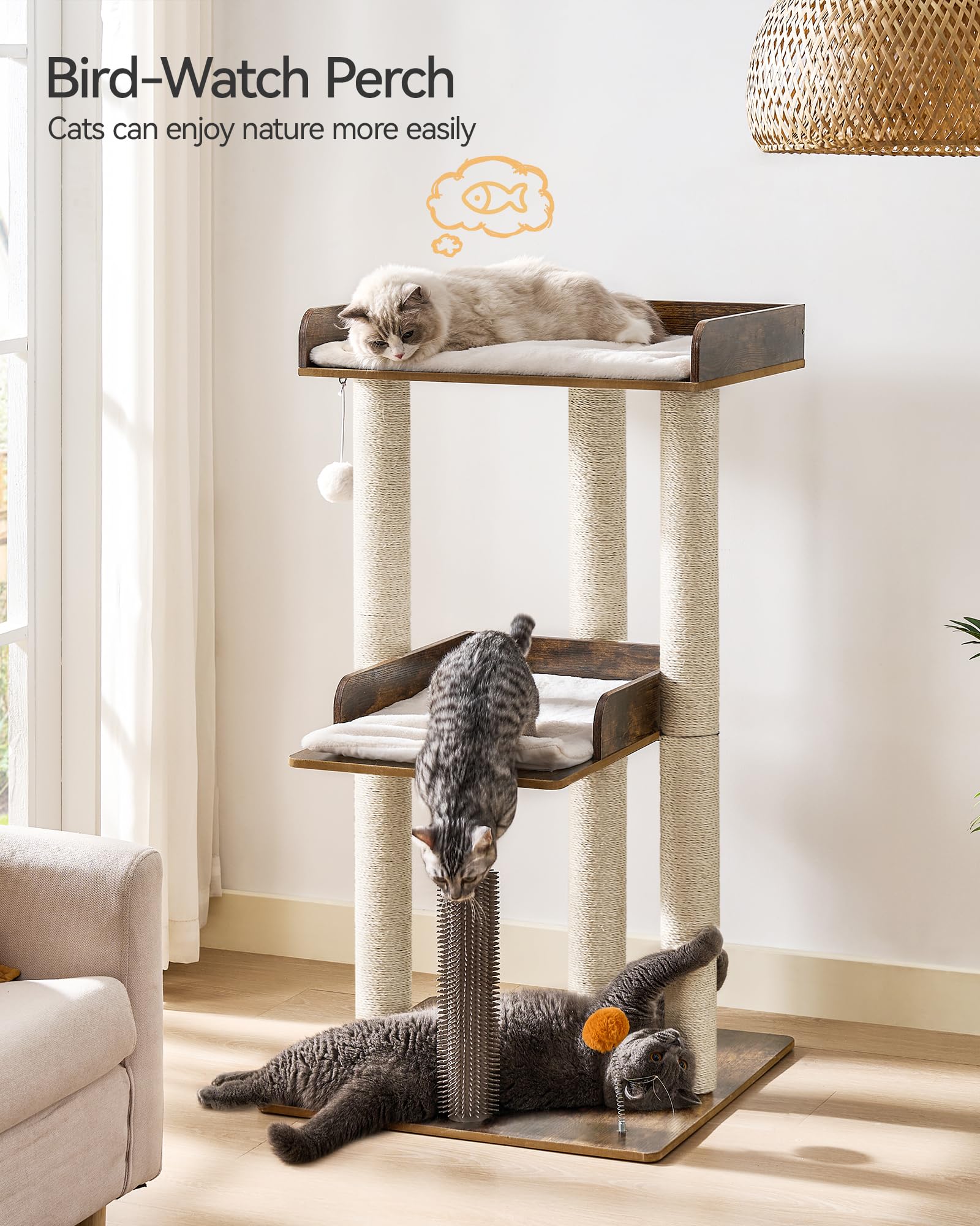 FourFurPets cat tree with three scratching posts promotes safe clawing and play.