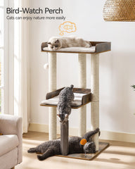 FourFurPets cat tree with three scratching posts promotes safe clawing and play.