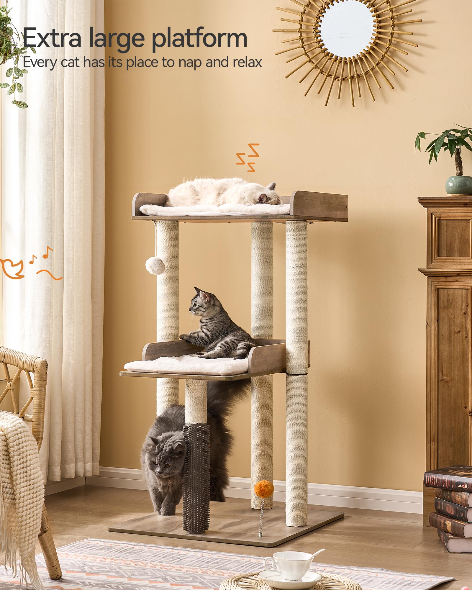 FourFurPets cat tree includes a self-groomer for gentle massage and shedding control