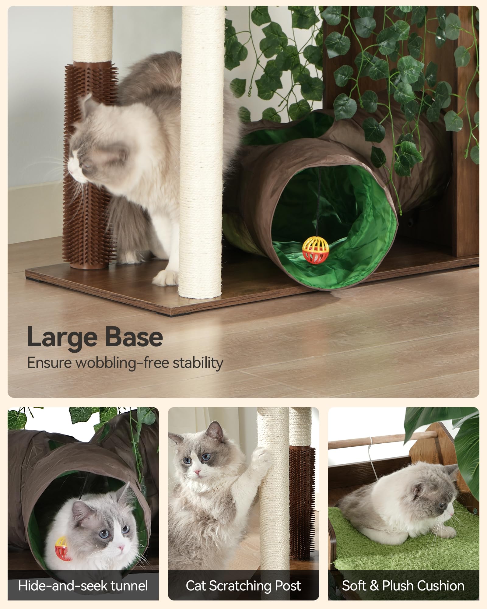 FourFurPets large cat tree has a heavy base for stability during play.