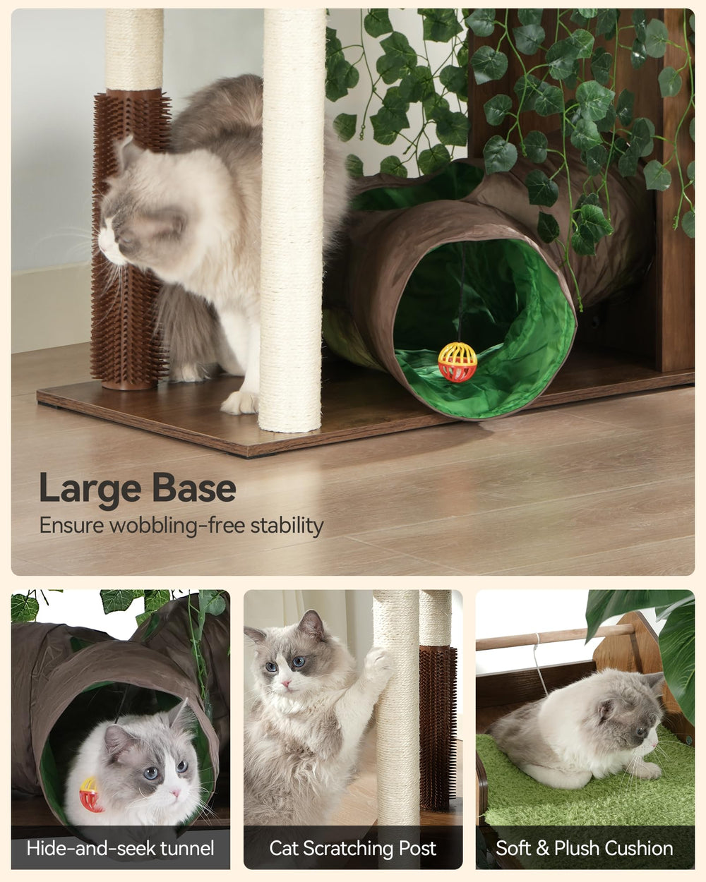 FourFurPets large cat tree has a heavy base for stability during play.