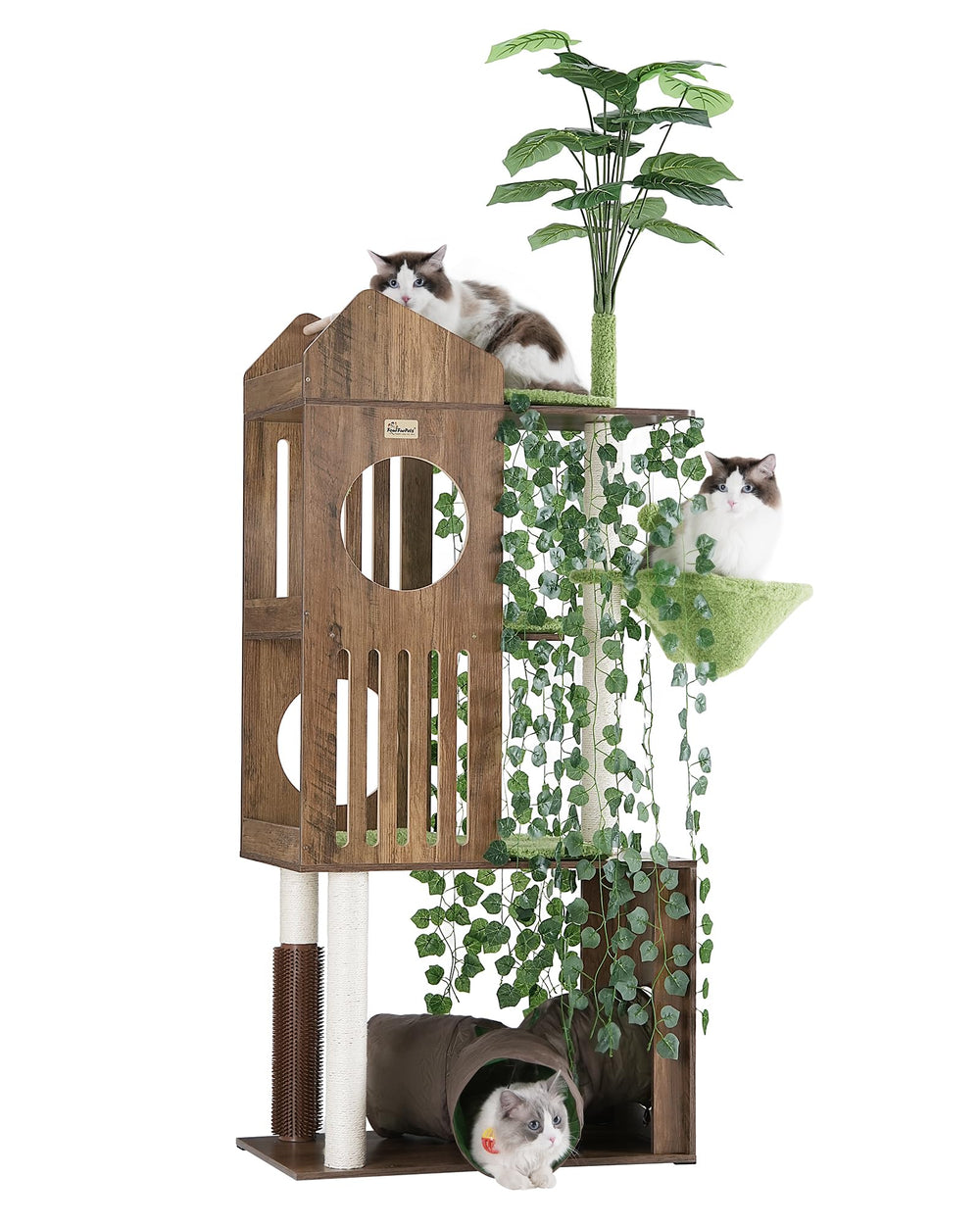 FourFurPets large cat tree with leaves provides a secure climb and cozy perch.