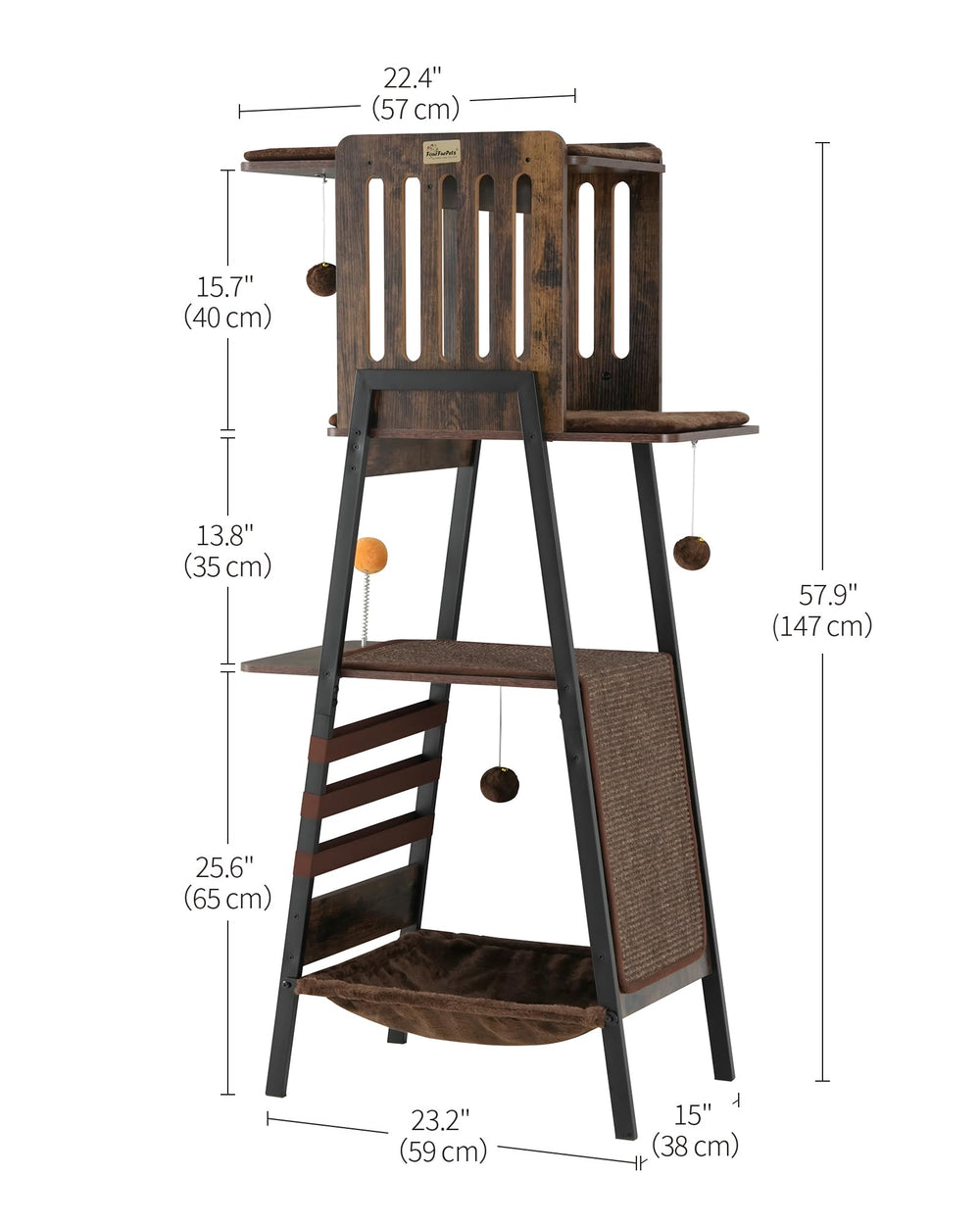 FourFurPets cat tree includes hanging toys for active play.