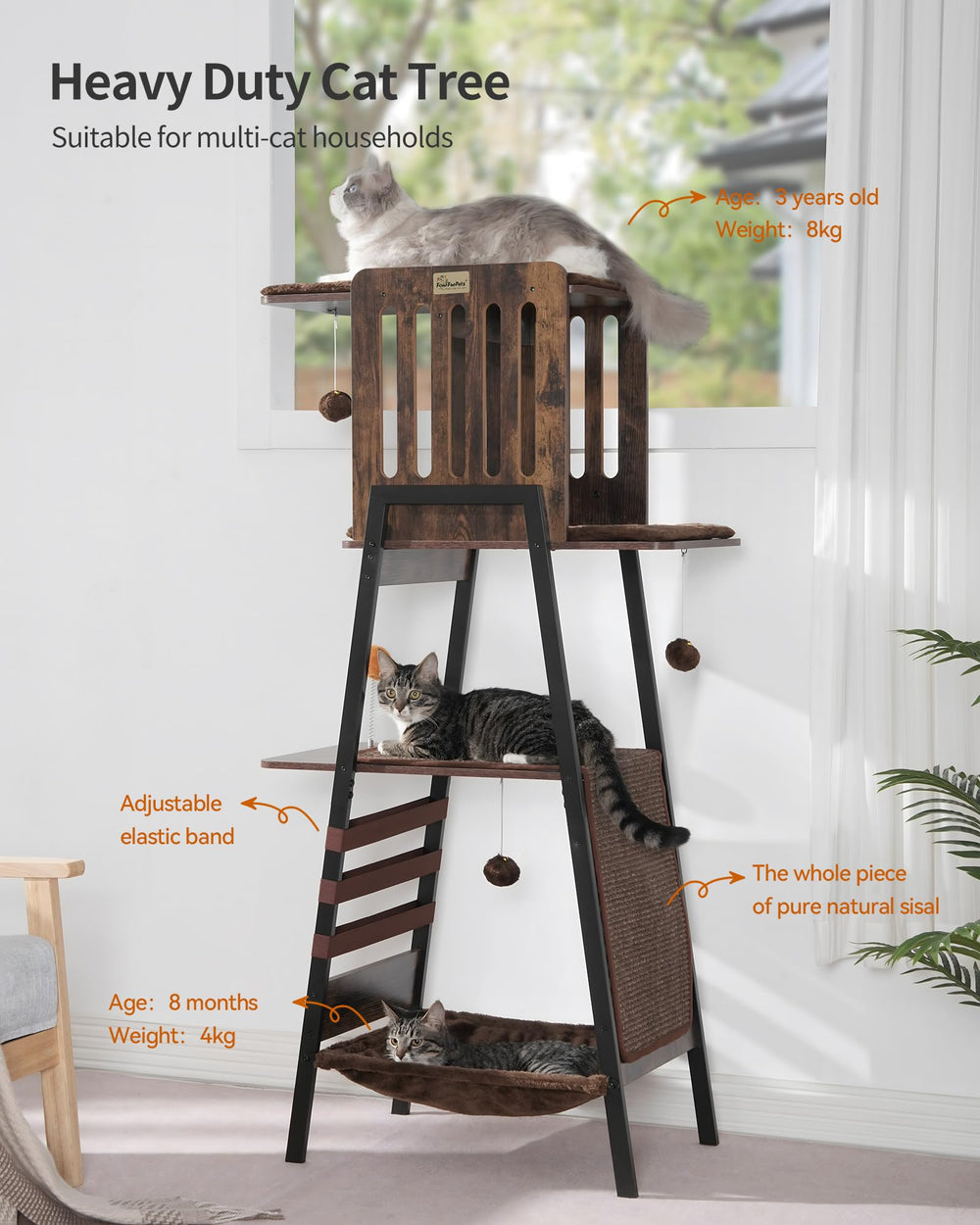 FourFurPets cat tree multi-level layout supports climbing and lounging for several cats.