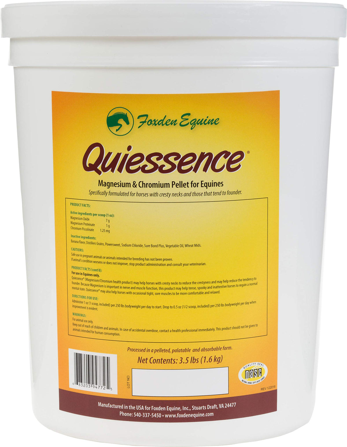 Foxden Equine Quiessence bottle label, showcasing calm support for horses during training
