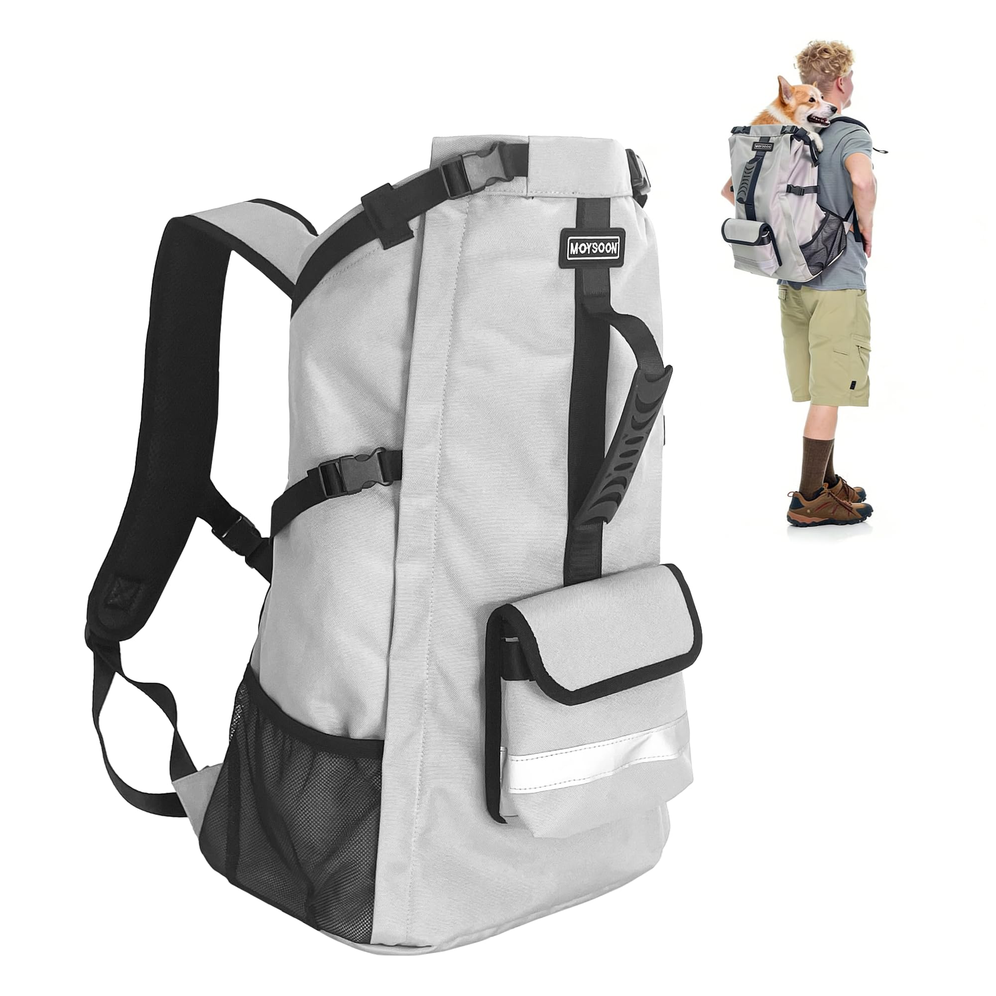FoxFocus medium dog backpack carrier, front view, secure fit for mid-sized dogs on hikes.