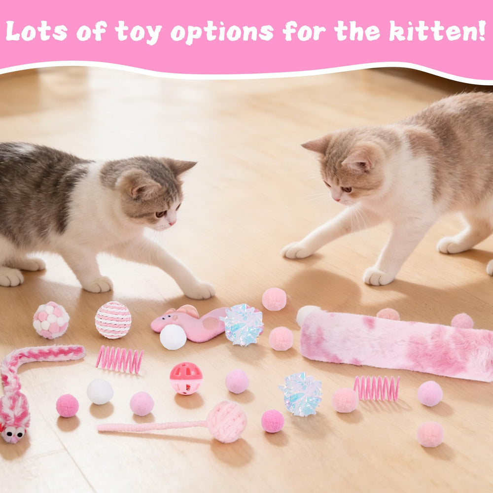 Foxtell pink cat spring toy encourages batting and stretching during enrichment sessions.