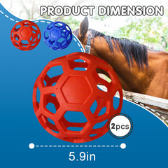 Foycow goat and horse interactive ball demonstrates playful enrichment in stable.