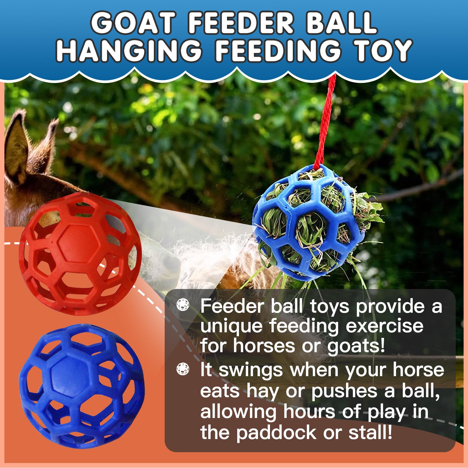 Foycow rubber hay feeder ball for horses shows sturdy lattice design for paddock use.
