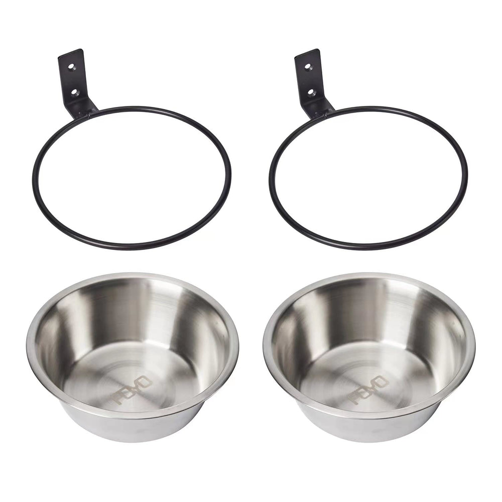 FOYO two stainless steel bowls for dry kibble and wet food.