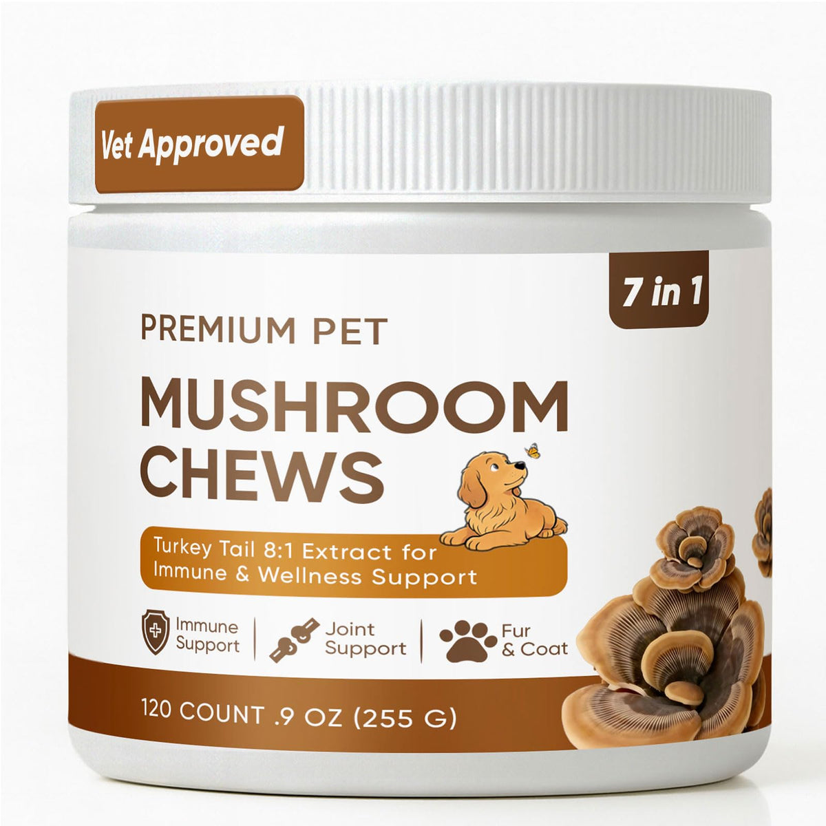 FQMUEV Turkey Tail dog chews bottle view supporting immune and joint health.