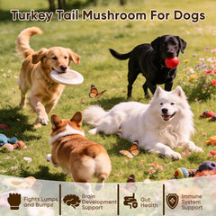 FQMUEV Turkey Tail dog chews closeup showing texture and natural ingredients.