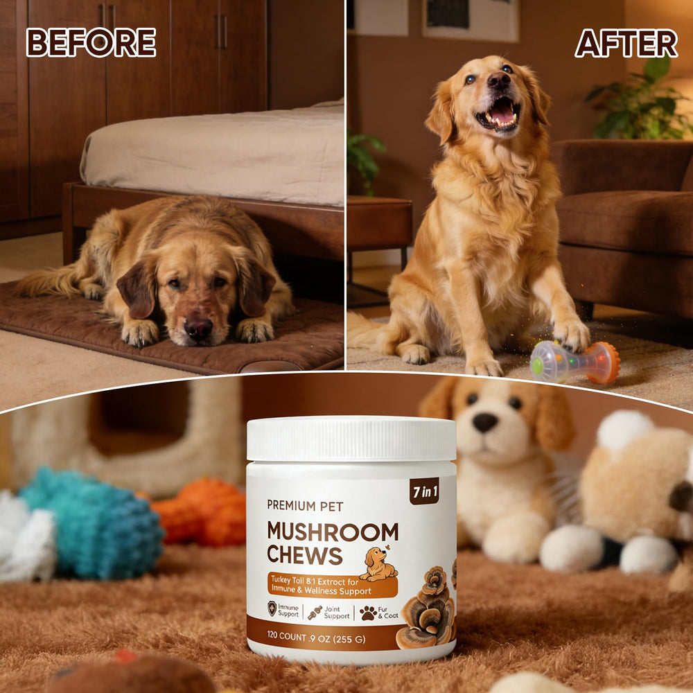 FQMUEV Turkey Tail dog chews promote gut balance and digestion.