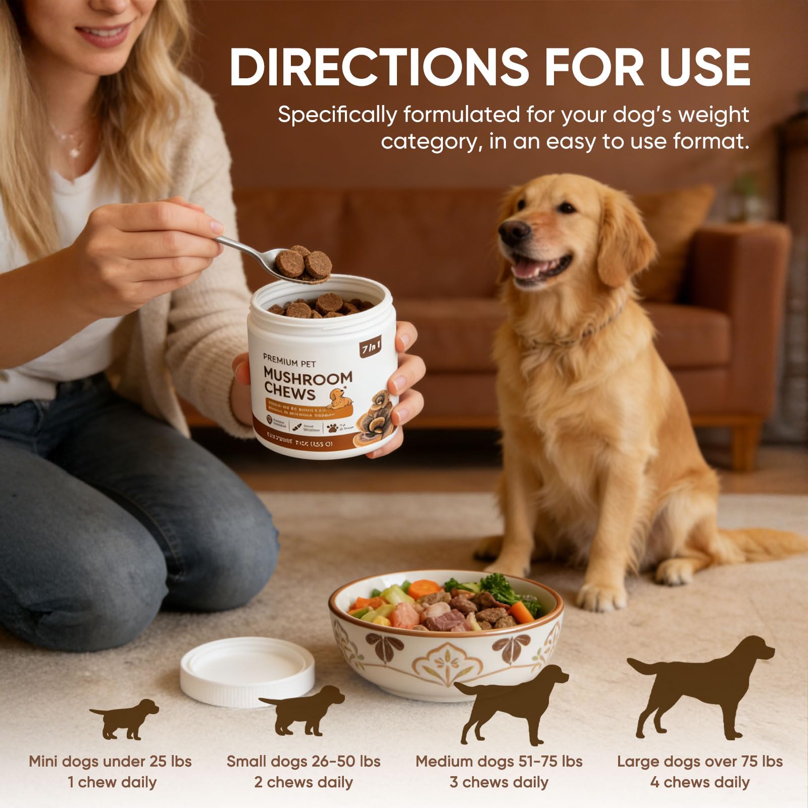 FQMUEV Turkey Tail dog chews packaging suitable for all breeds.