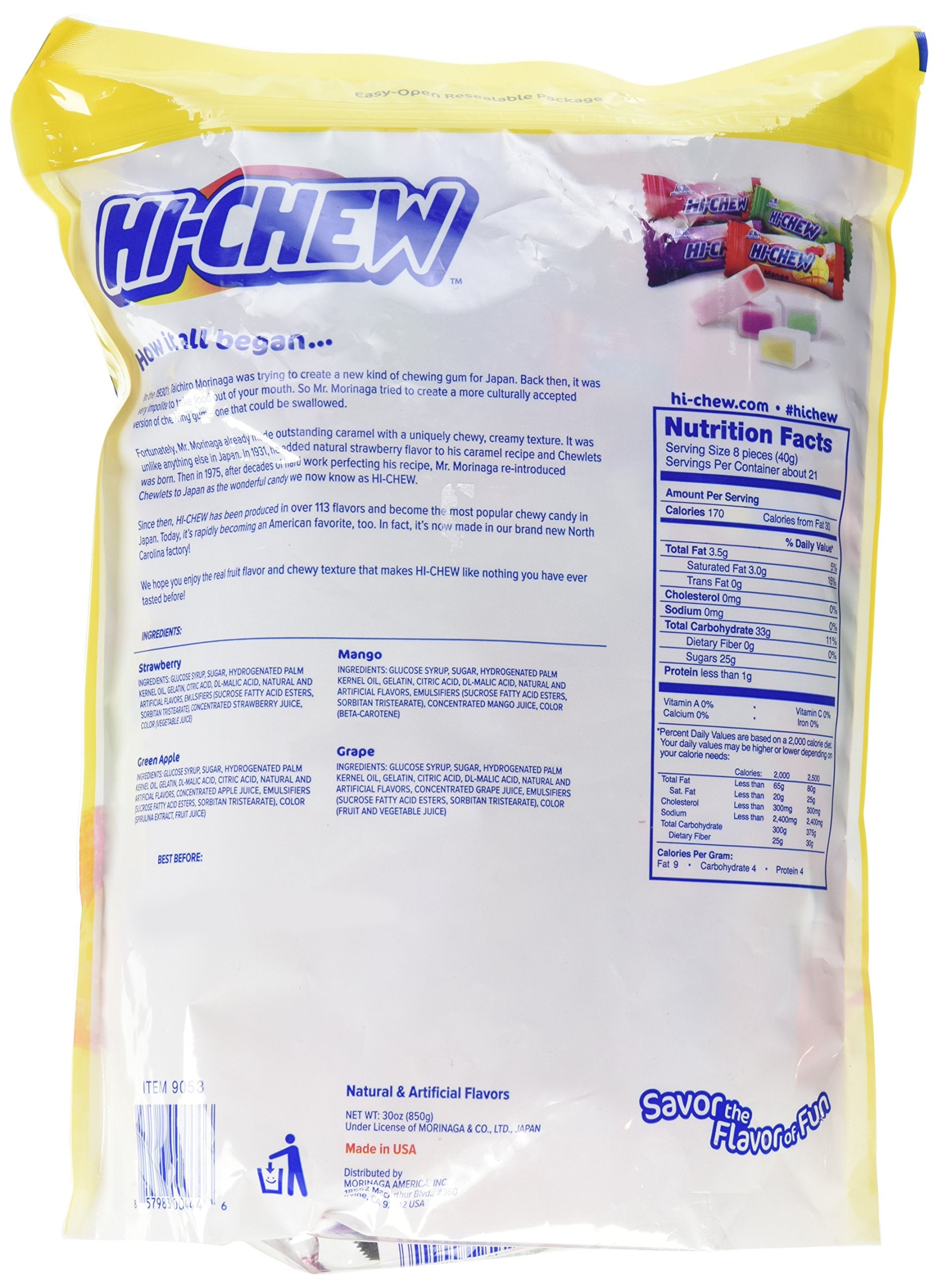 FQQF Hi-Chew flavors closeup highlights Mango, Grape, Green Apple, Strawberry snack options