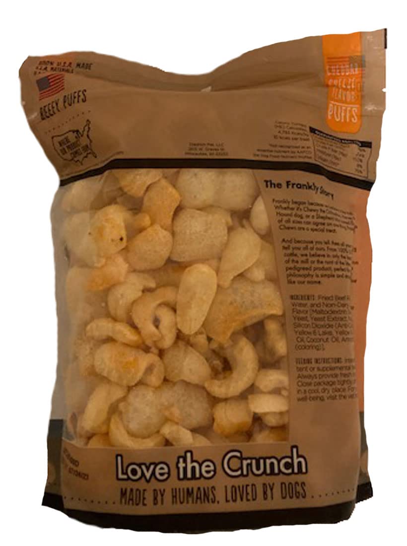 Frankly Cheddar Cheese Beefy Puffs closeup shows crunchy texture ideal for dogs