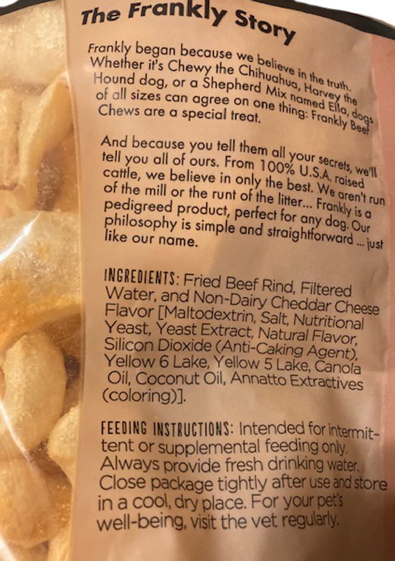 Frankly Cheddar Cheese Beefy Puffs ingredients label highlights USA-made quality