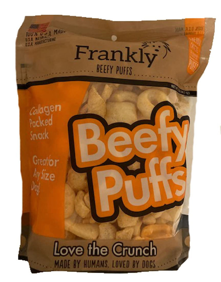 Frankly Cheddar Cheese Beefy Puffs bag front, easy training rewards