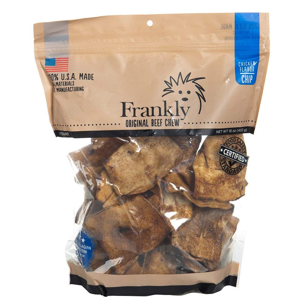 Frankly Pet Nws chicken-flavored beef chips, 16oz bag, ideal for entertaining dogs with a protein chew.