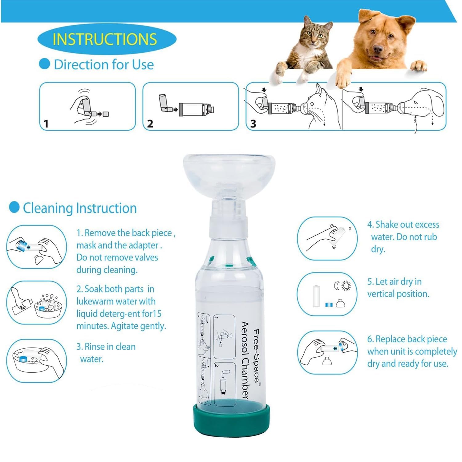 Free-Space cat inhaler spacer with round mask large fits cats over 10lbs for a secure seal