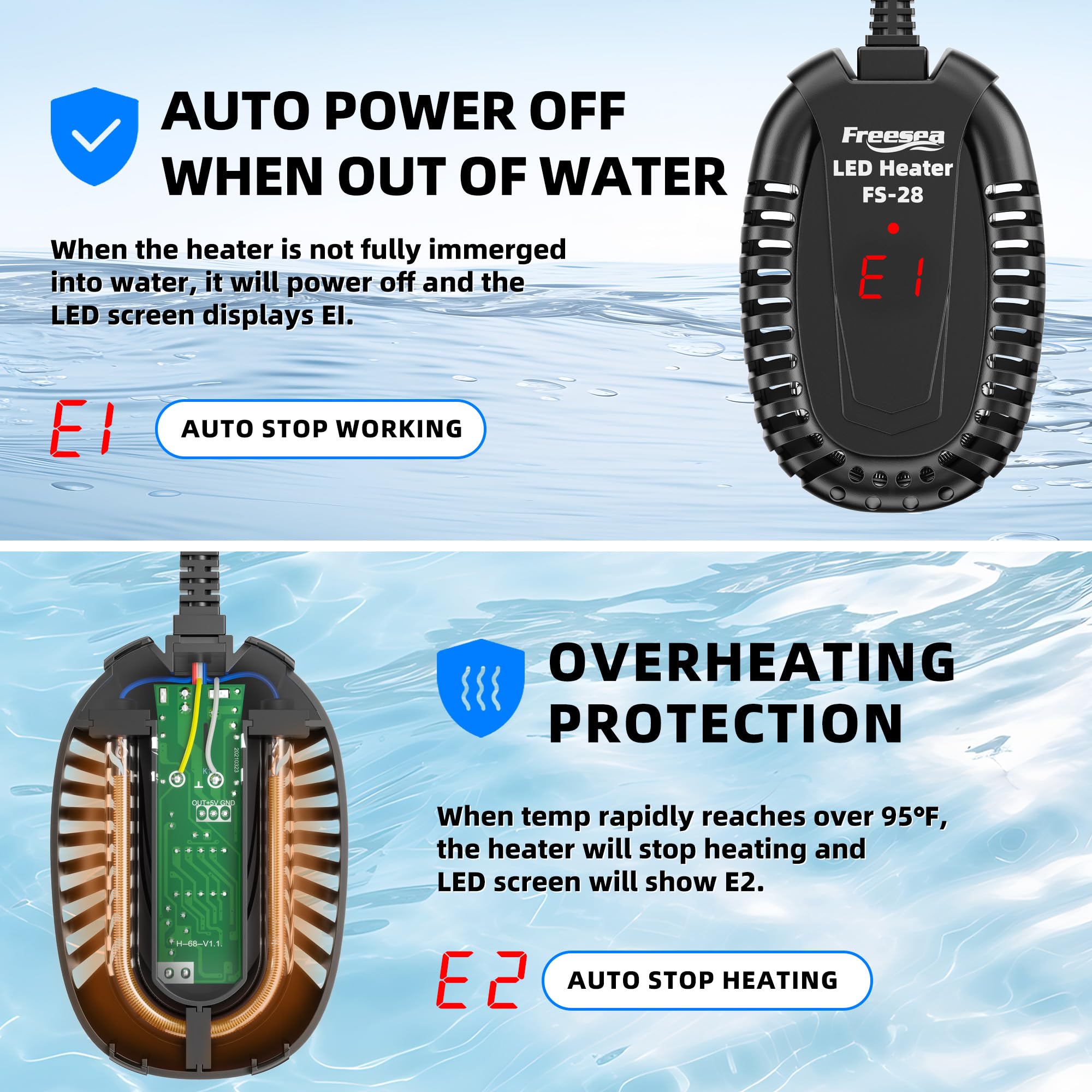 FREESEA 50W heater safety shutoff keeps tanks safe when water level changes.