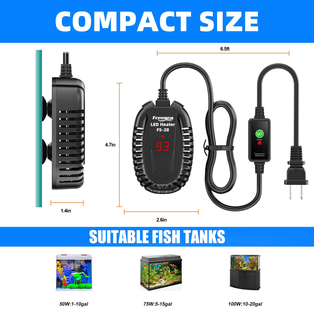 FREESEA 63–94°F temperature range allows flexible setup for freshwater and saltwater tanks.