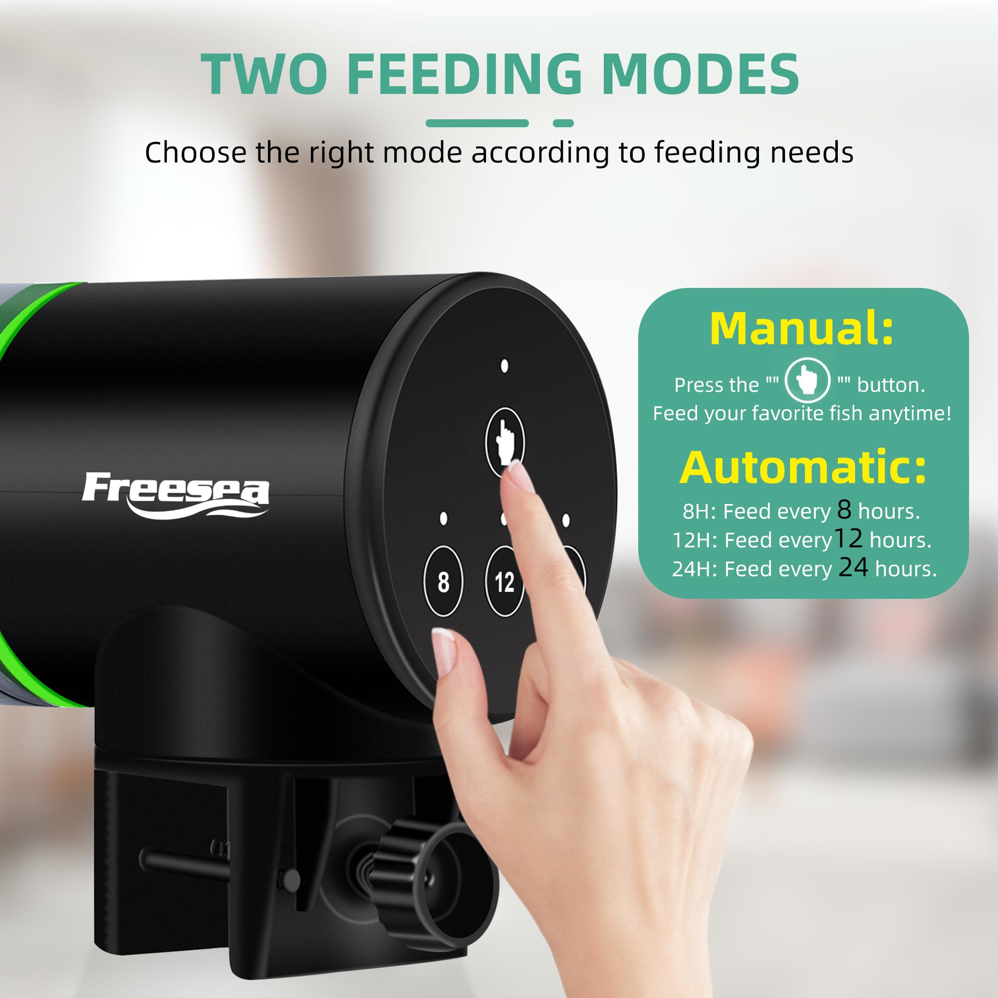 FREESEA Aquarium Feeder dispensing action illustrates precise portion control.