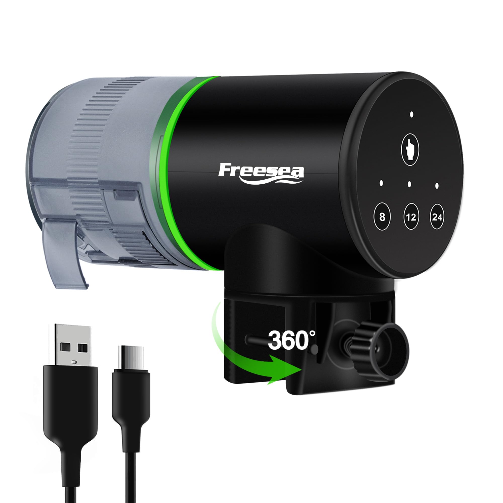 FREESEA Aquarium Feeder front view highlights compact design for automated feeding.