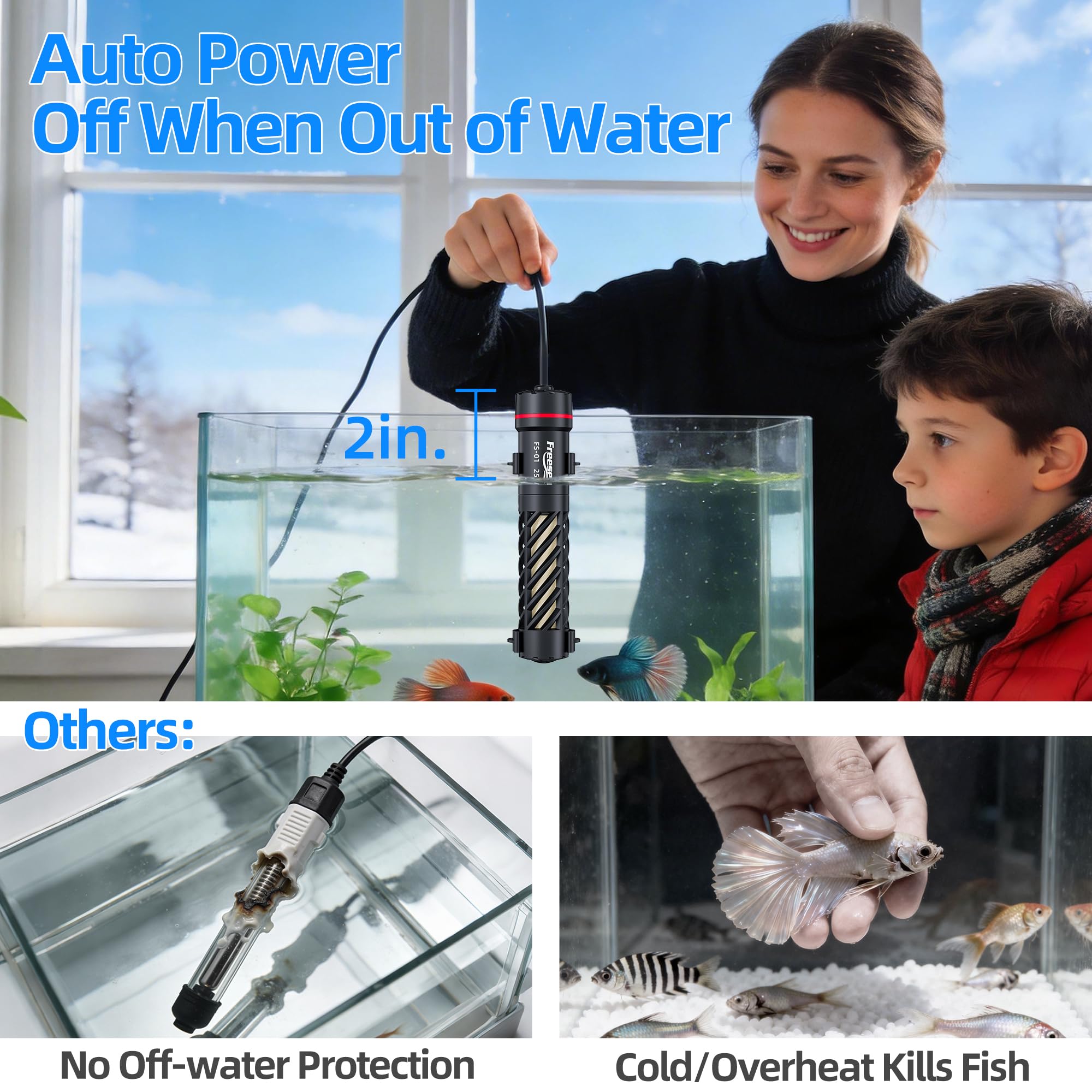 FREESEA Aysoner heater compact design fits 1–5 gallon tanks without clutter