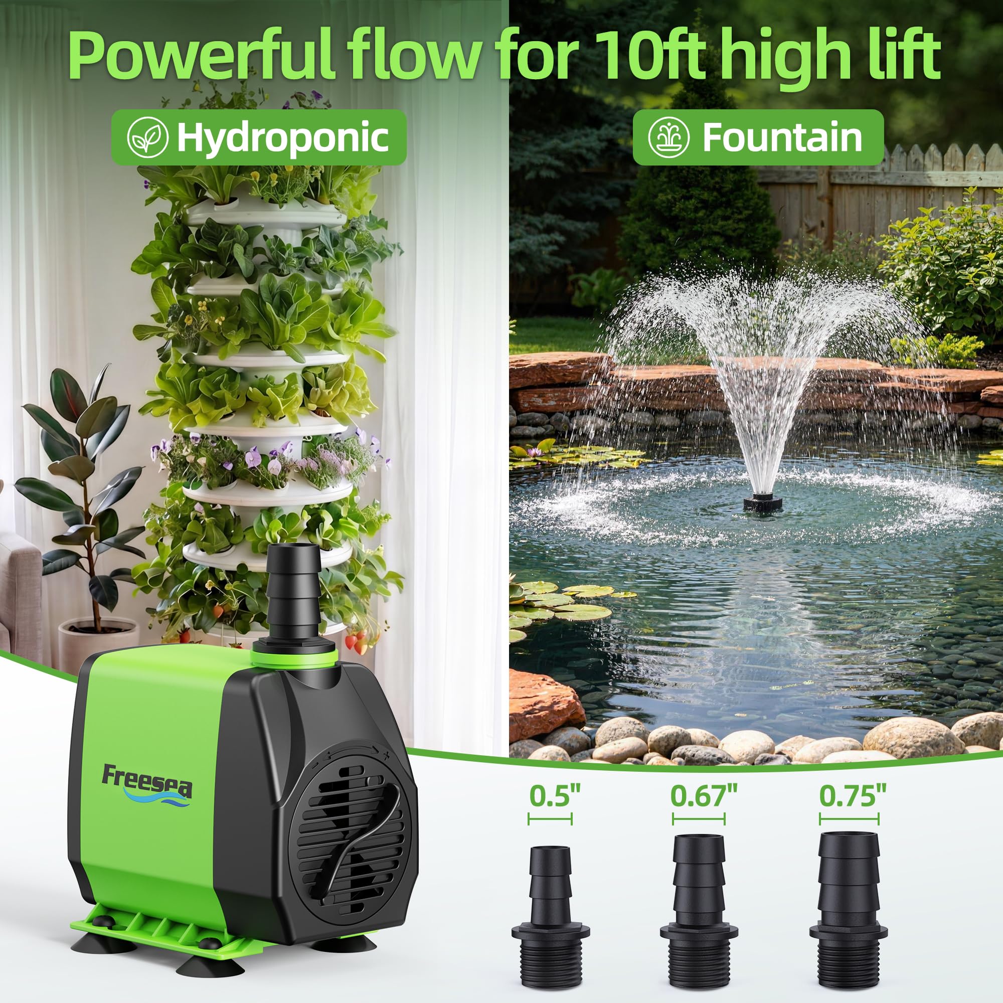 FREESEA fountain pump 10ft-lift depicts strong vertical rise for waterfalls