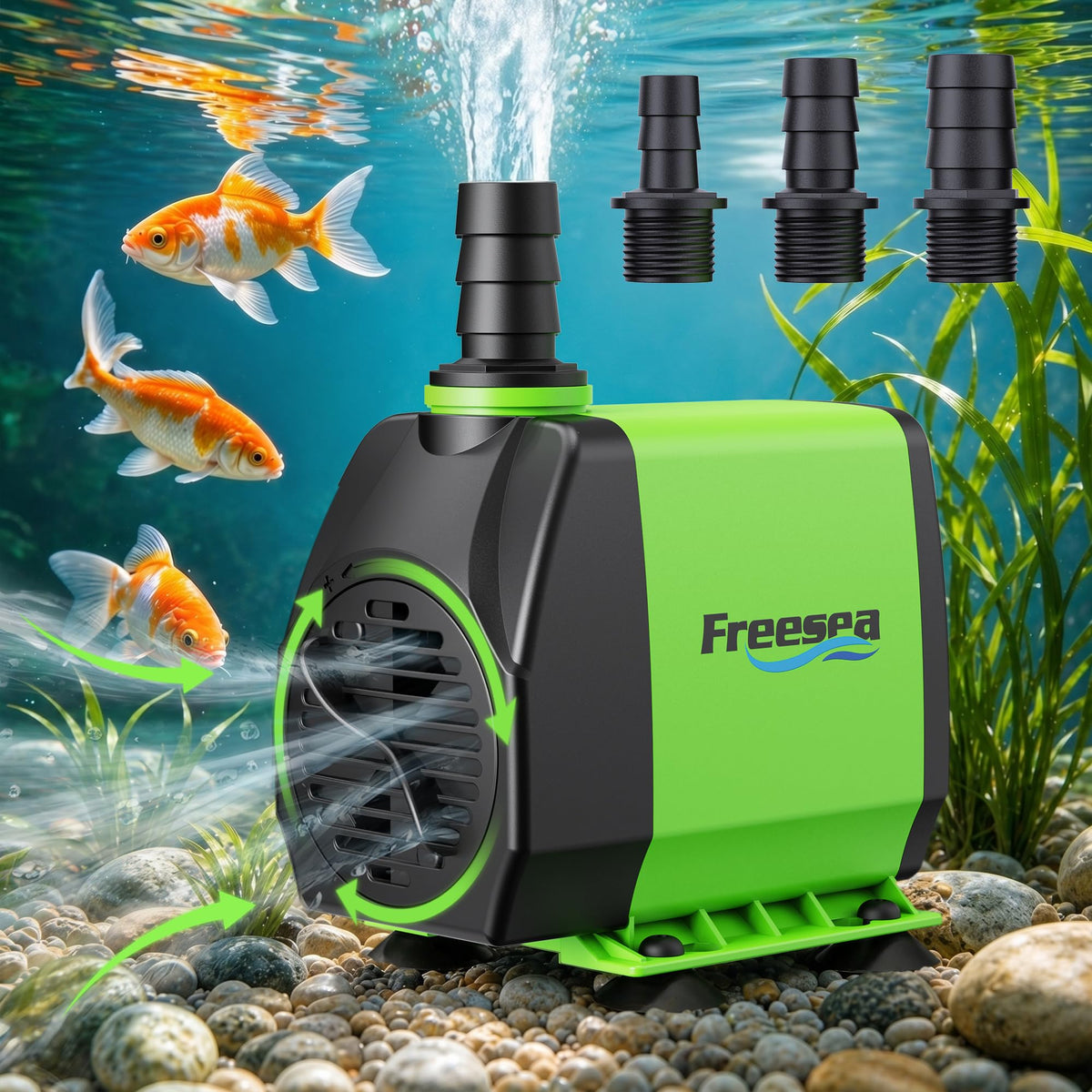 FREESEA fountain pump install-setup shows quick, tool-free setup for ponds and aquariums