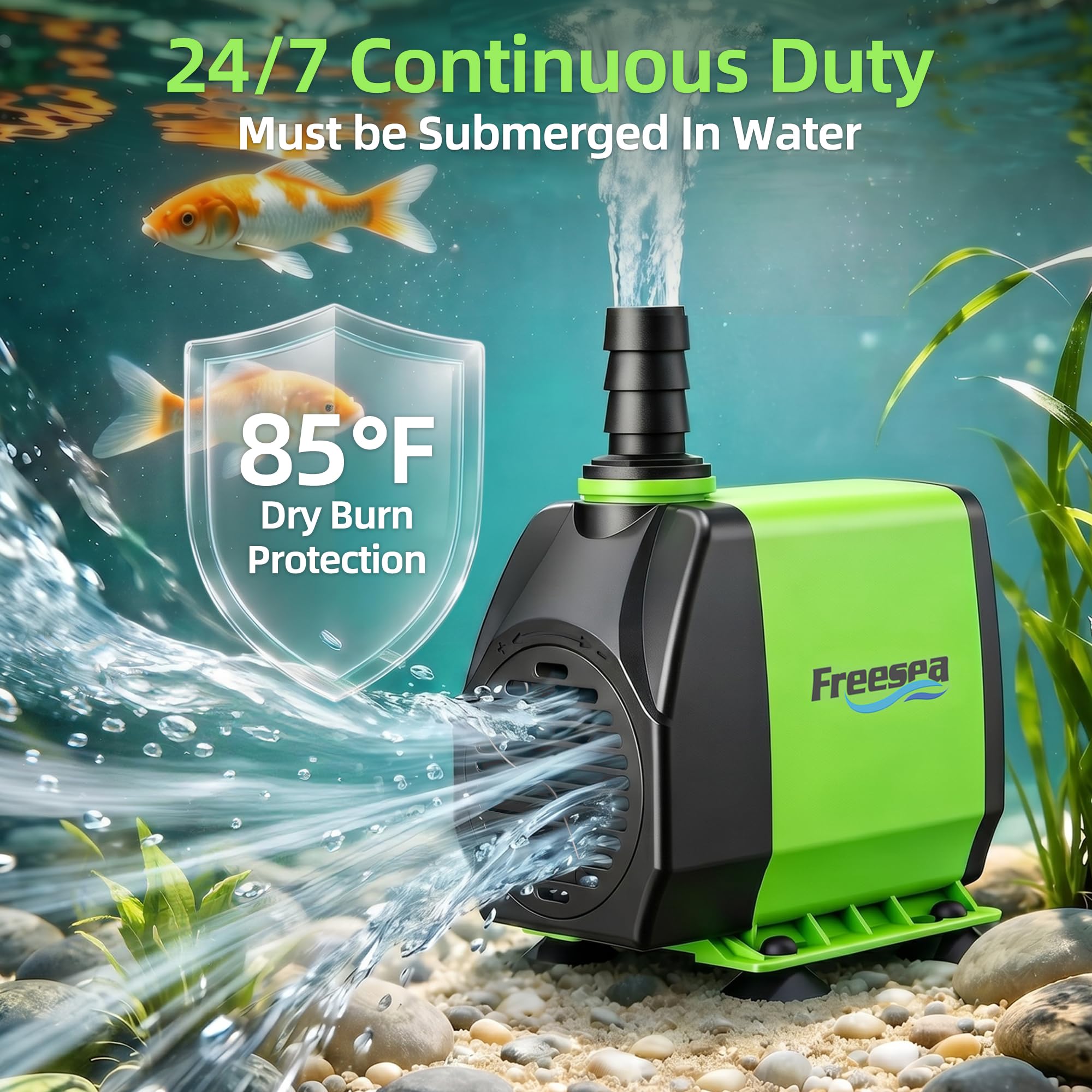 FREESEA fountain pump max-flow illustrates 800 GPH performance for faster water movement