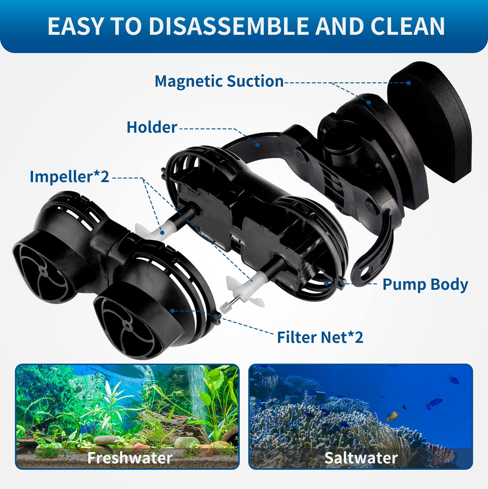 FREESEA Wave Maker delivers high flow for reliable water movement in freshwater and saltwater tanks.