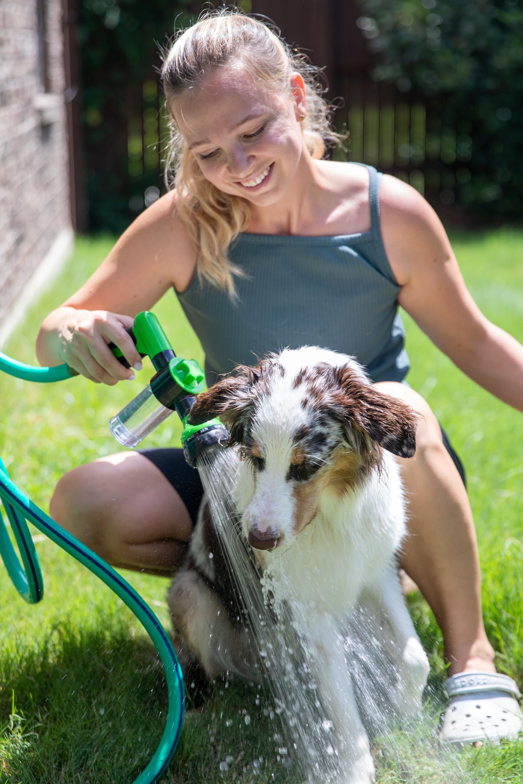 Pup Jet outdoor-wash setup ready for garden cleanup and pet showers.