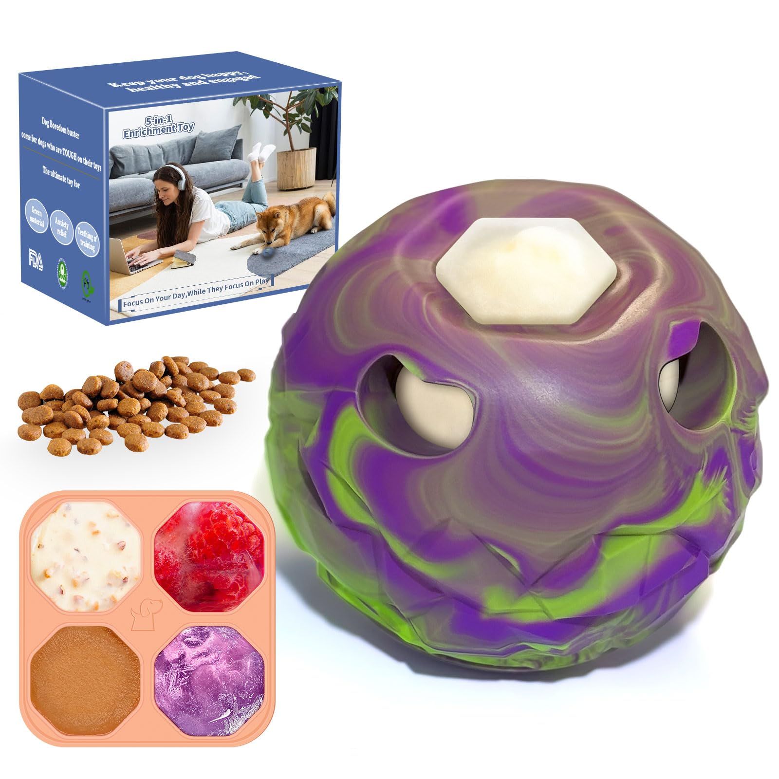 Freezeball dog frozen treat toy; interactive play and enrichment for dogs.