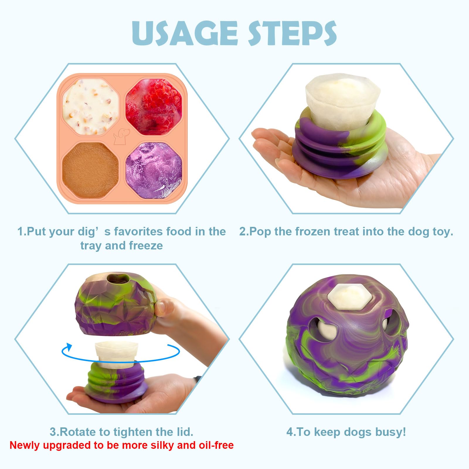 Freezeball slow-feeder toy; promotes paced feeding to reduce boredom.