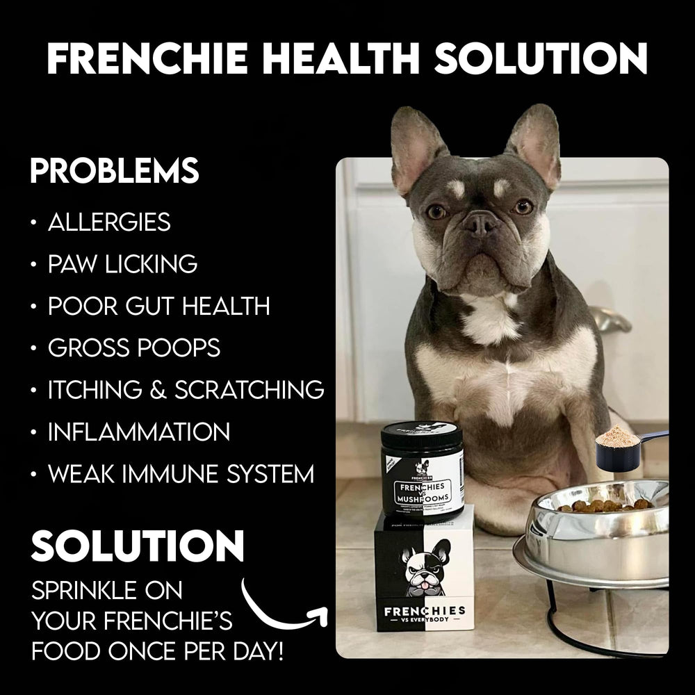Frenchies vs Everybody dog mushroom powder packaging highlighting omega-3 and turmeric for joints and skin