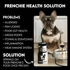 Frenchies vs Everybody dog mushroom powder packaging highlighting omega-3 and turmeric for joints and skin