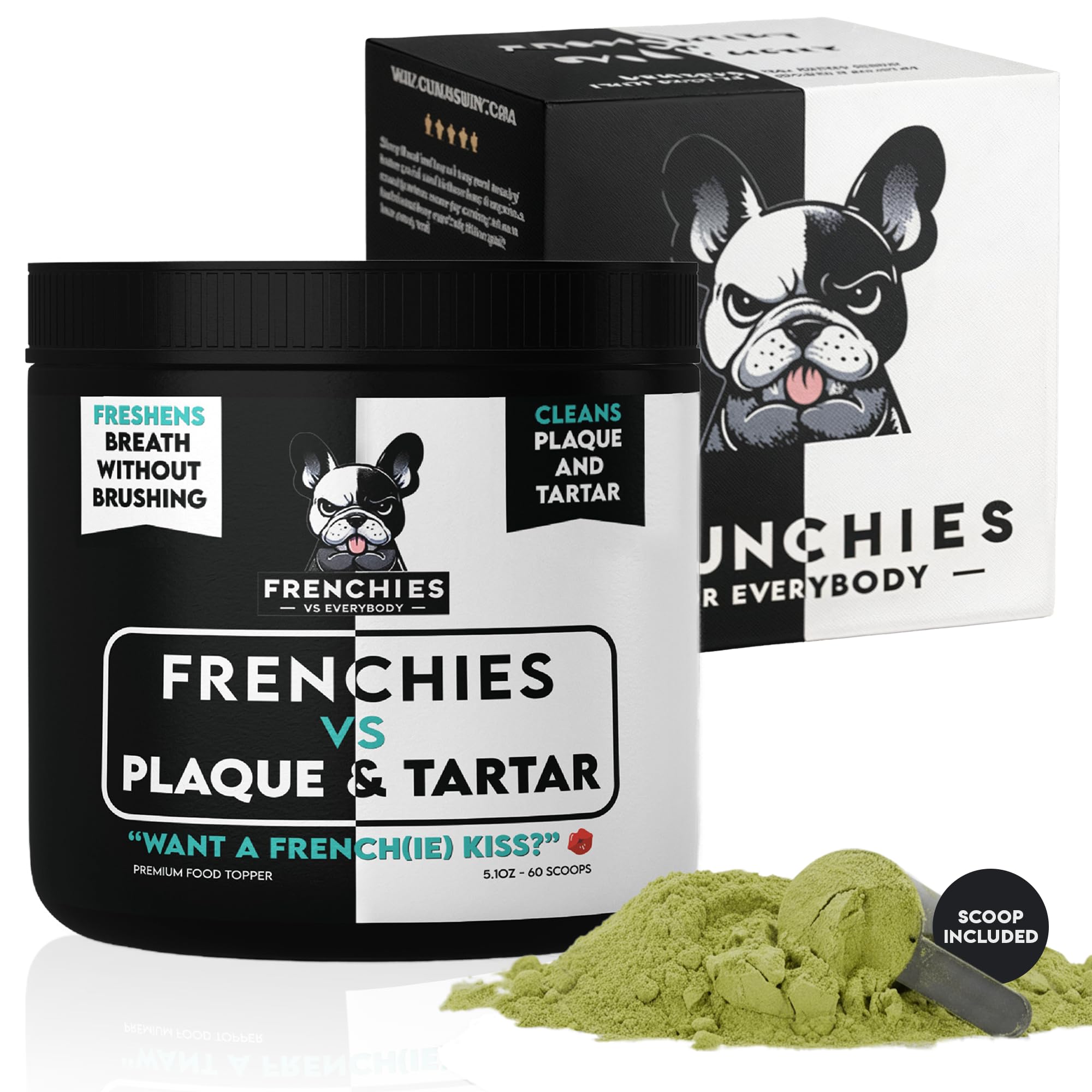 Frenchies vs Everybody bottle of dog teeth powder for breath freshness