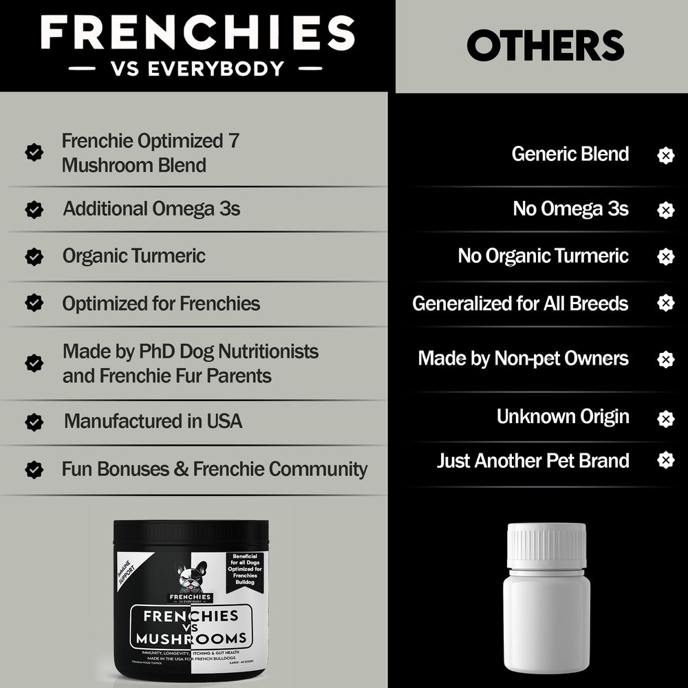 Frenchies vs Everybody dog with shiny coat thanks to skin-and-coat nutrients from mushrooms