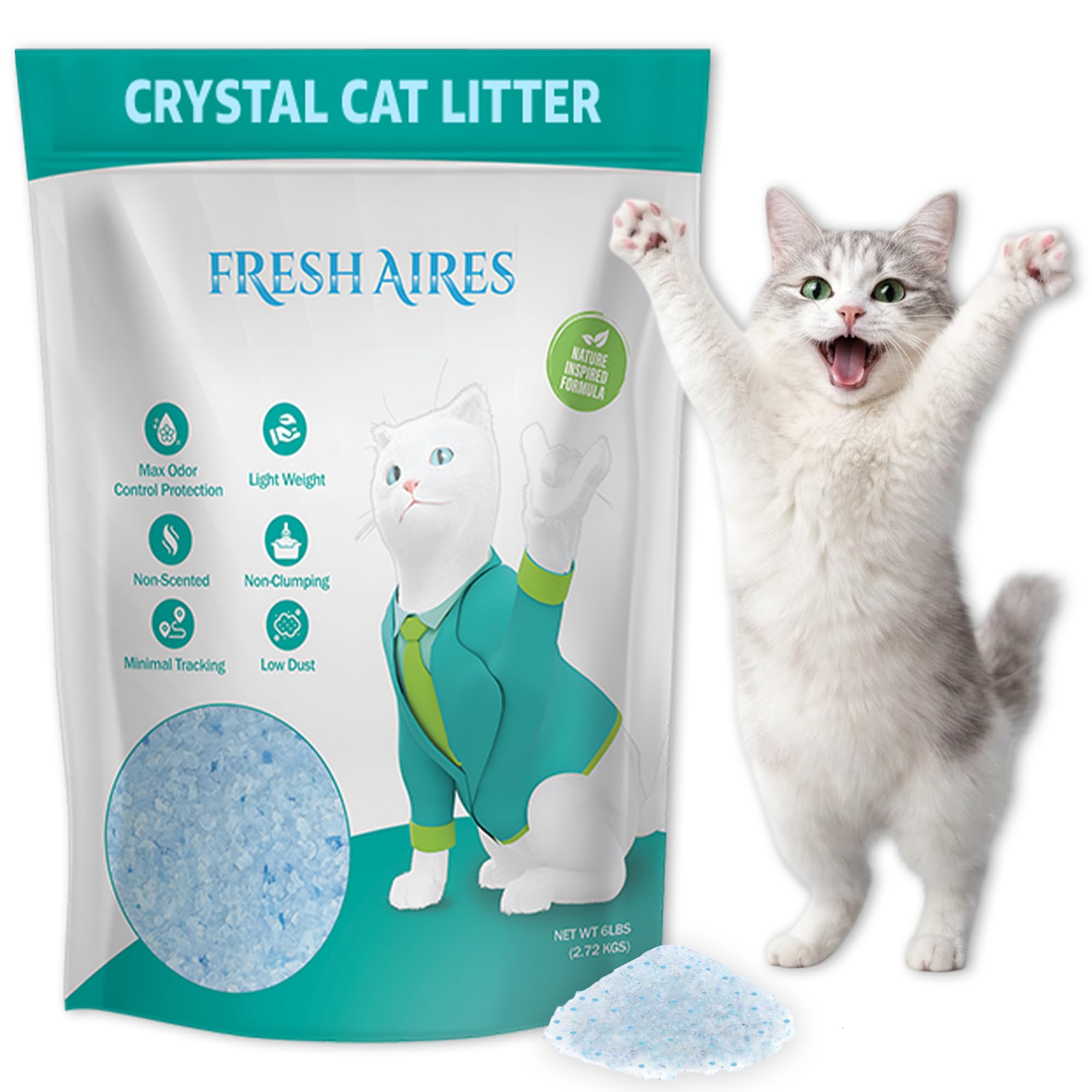 Fresh Aires Silica Crystal Cat Litter unscented pour for easy filling and odor control