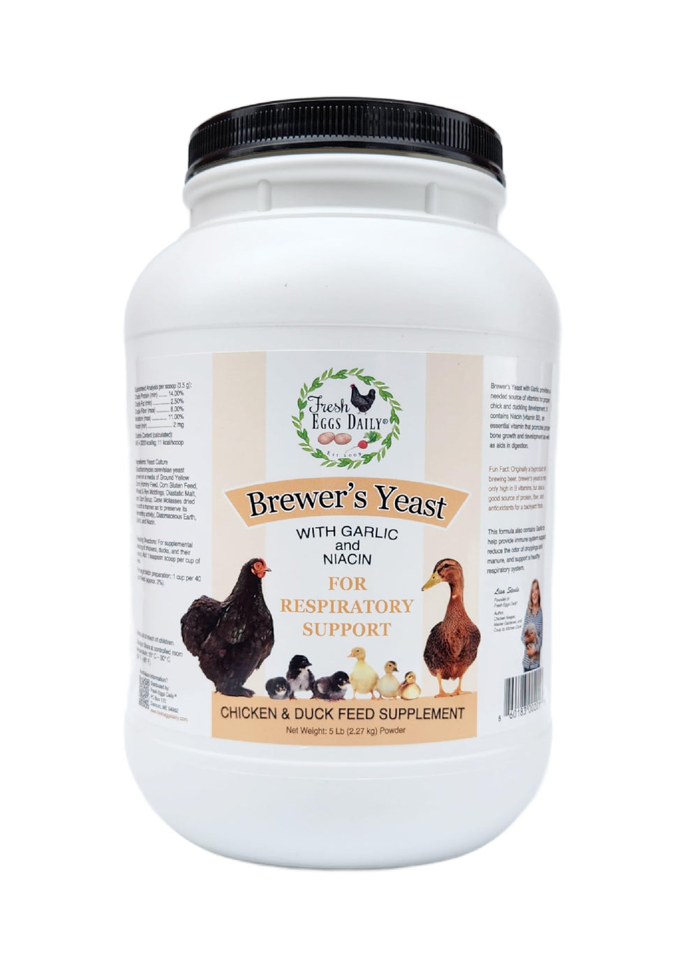 Fresh Eggs Daily brewers yeast garlic bottle demonstrates niacin support for poultry.